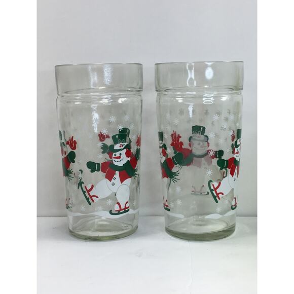 Snowman Glasses 2 Vintage Thick-Walled Drinking Tumblers Skating Snowmen - Picture 3 of 6